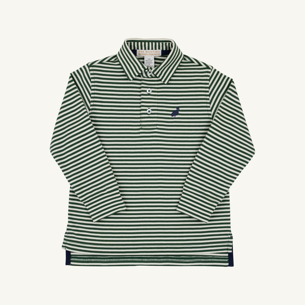 The Beaufort Bonnet Company- Long Sleeve Prim & Proper Polo- Green Stripe