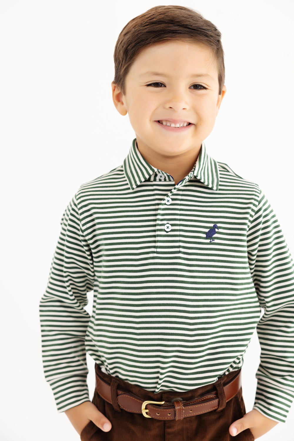The Beaufort Bonnet Company- Long Sleeve Prim & Proper Polo- Green Stripe