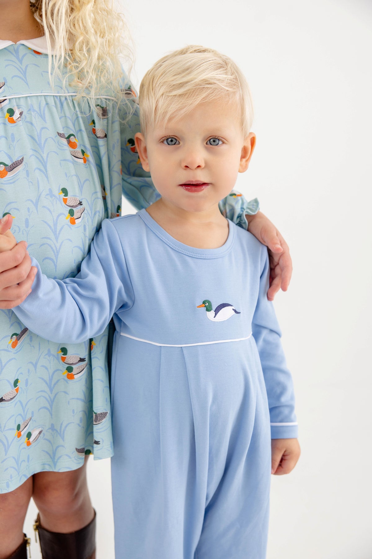 The Beaufort Bonnet Company- Long Sleeve Bradford Romper- Sarasota Sky with Duck